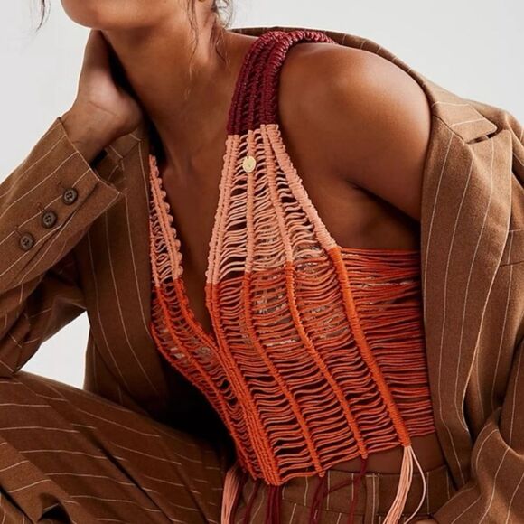 Oropendola FP Macrame Women’s Top Fringe Sleeveless V Neck Statement Piece Small - Picture 2 of 6